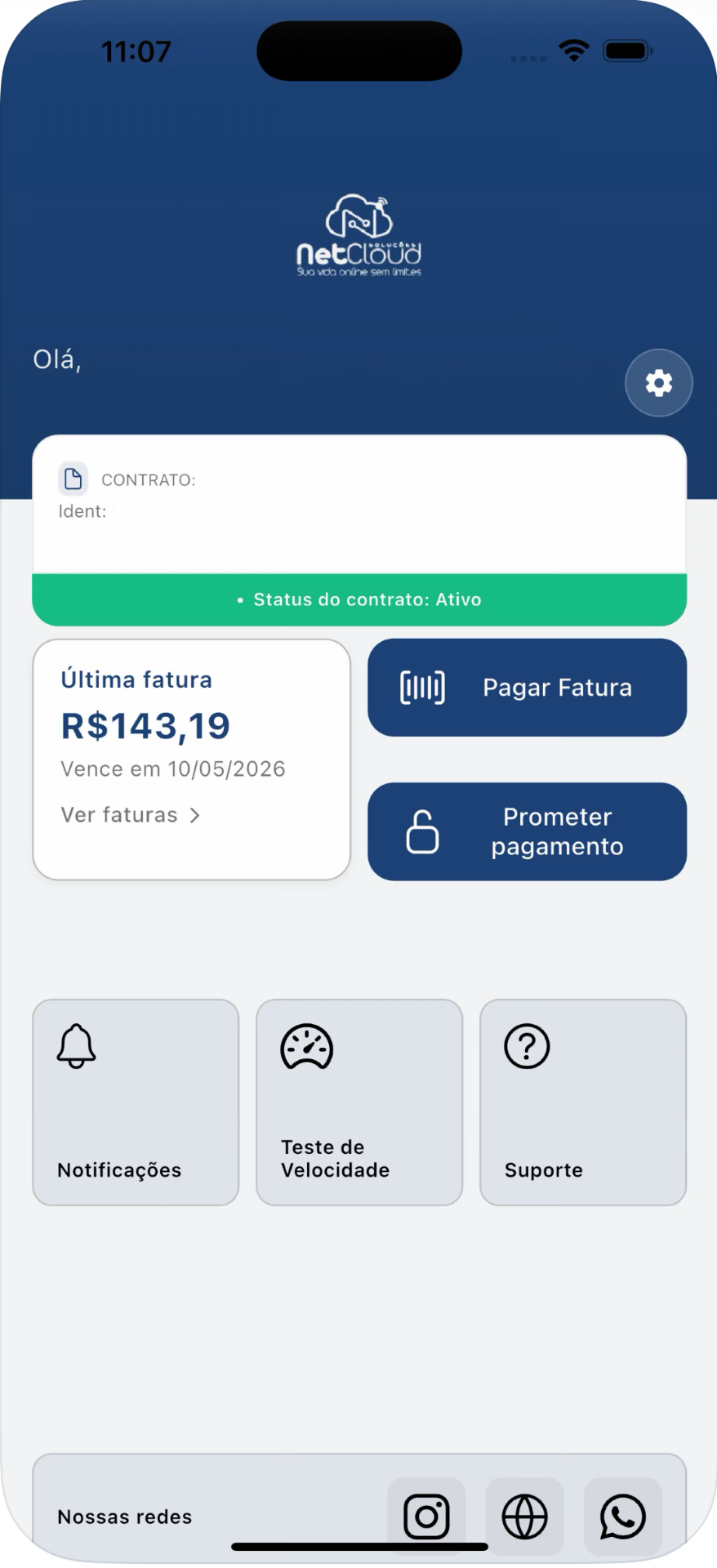 Tela inicial do aplicativo NetCloud Soluções